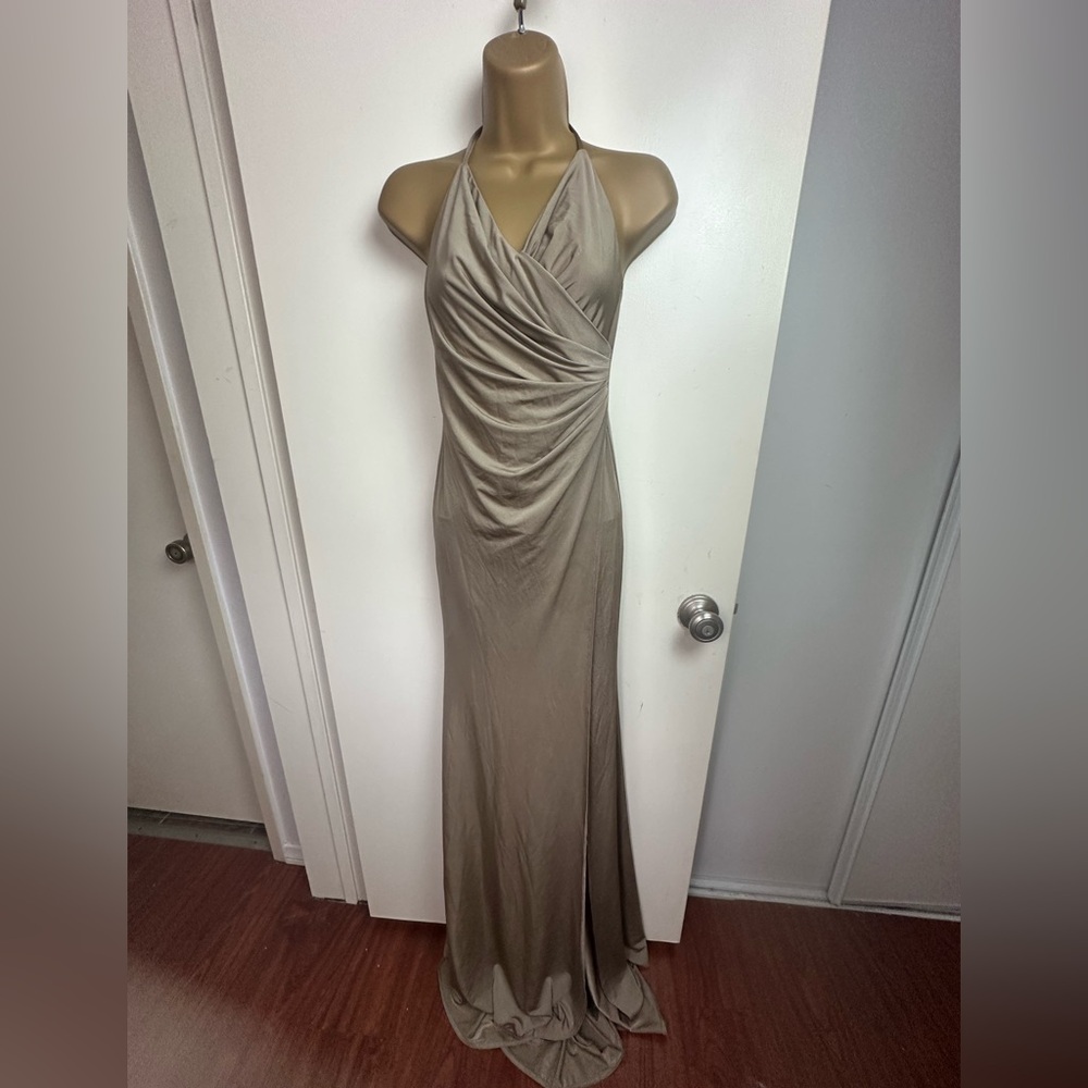 ABYSS BY ABBY Goldish/Champagne Built In Under Layer HiSlit Halter Neck Dress XS